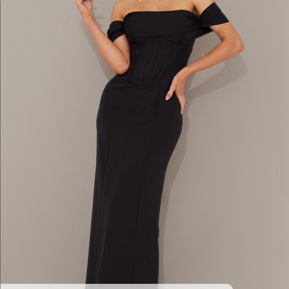 pretty little thing off the shoulder evening gown